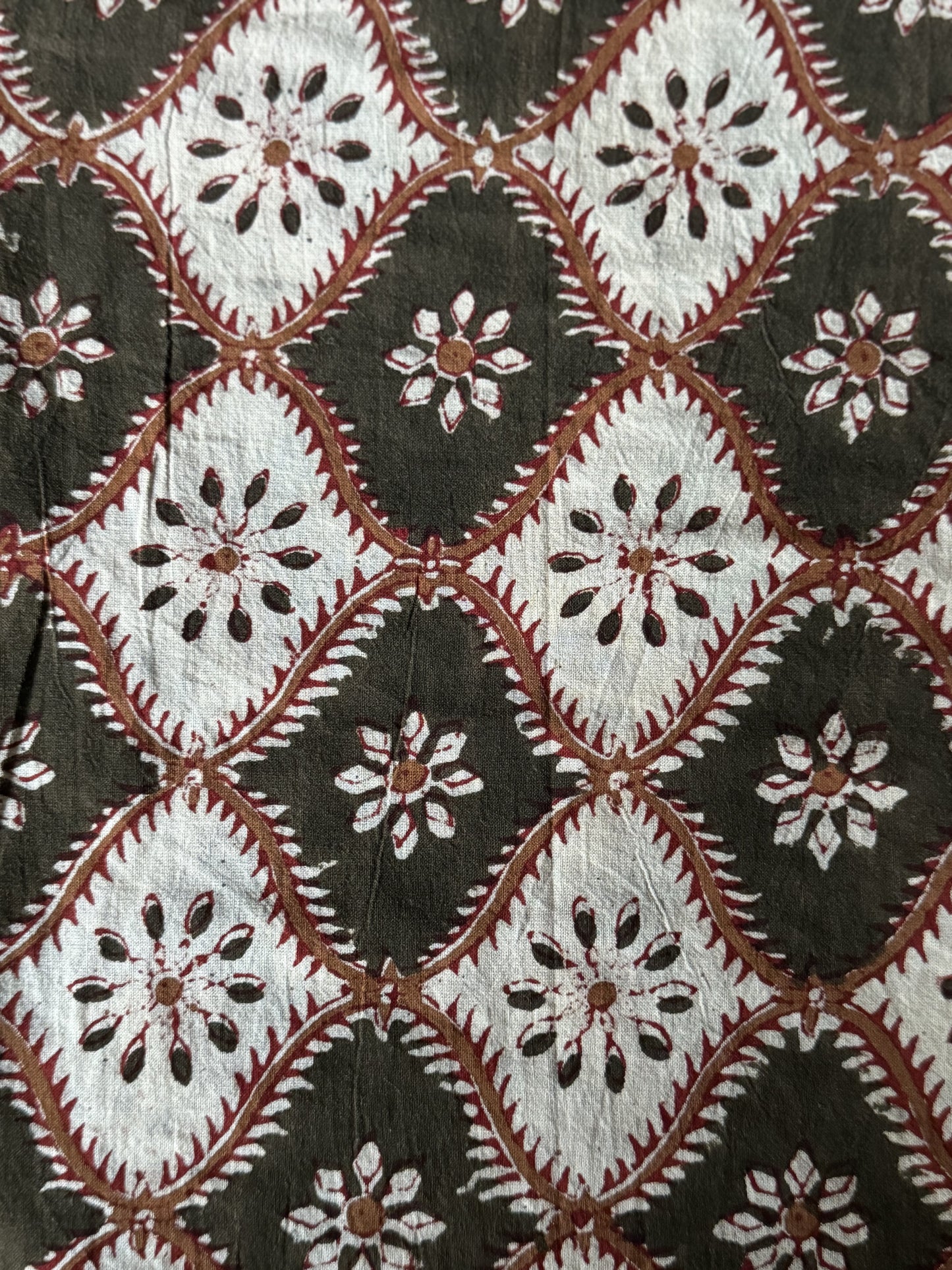 Olive, rust and cream block print