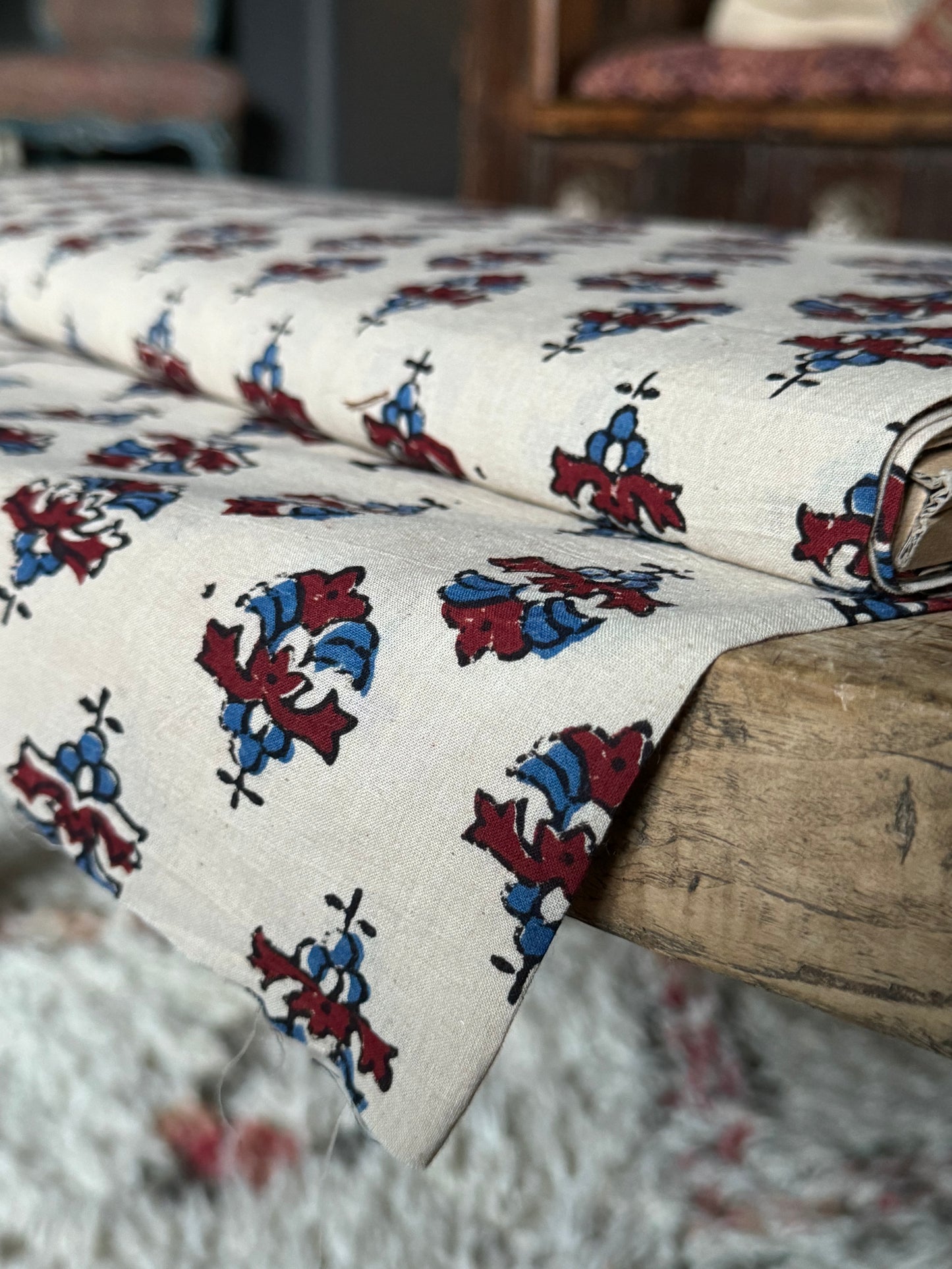 Red and blue with cream background