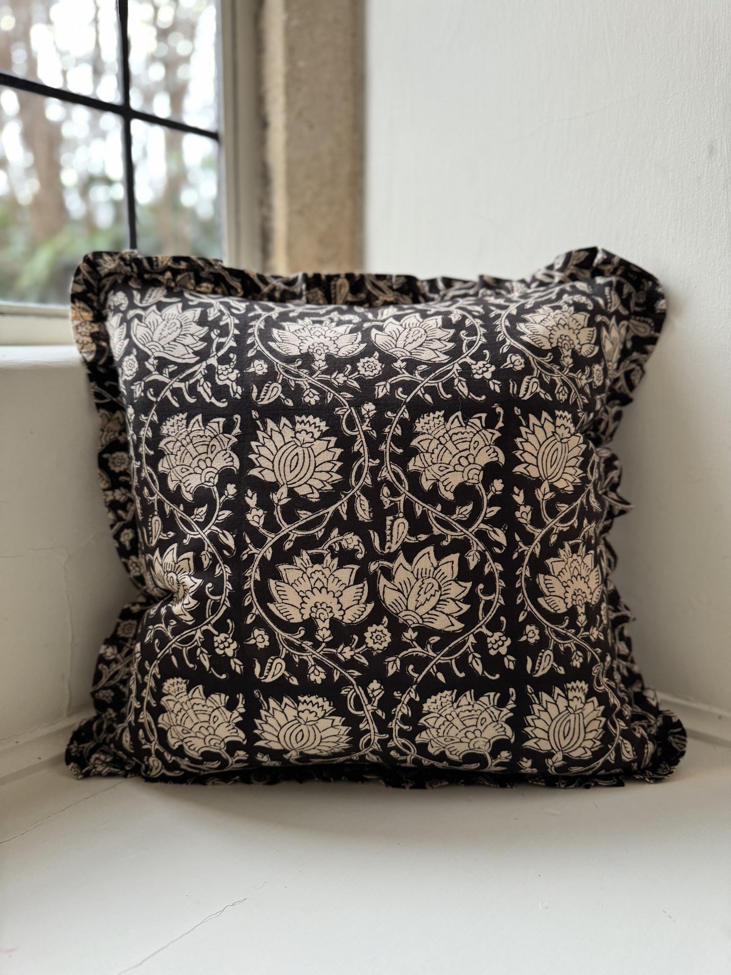 Block print frill cushion