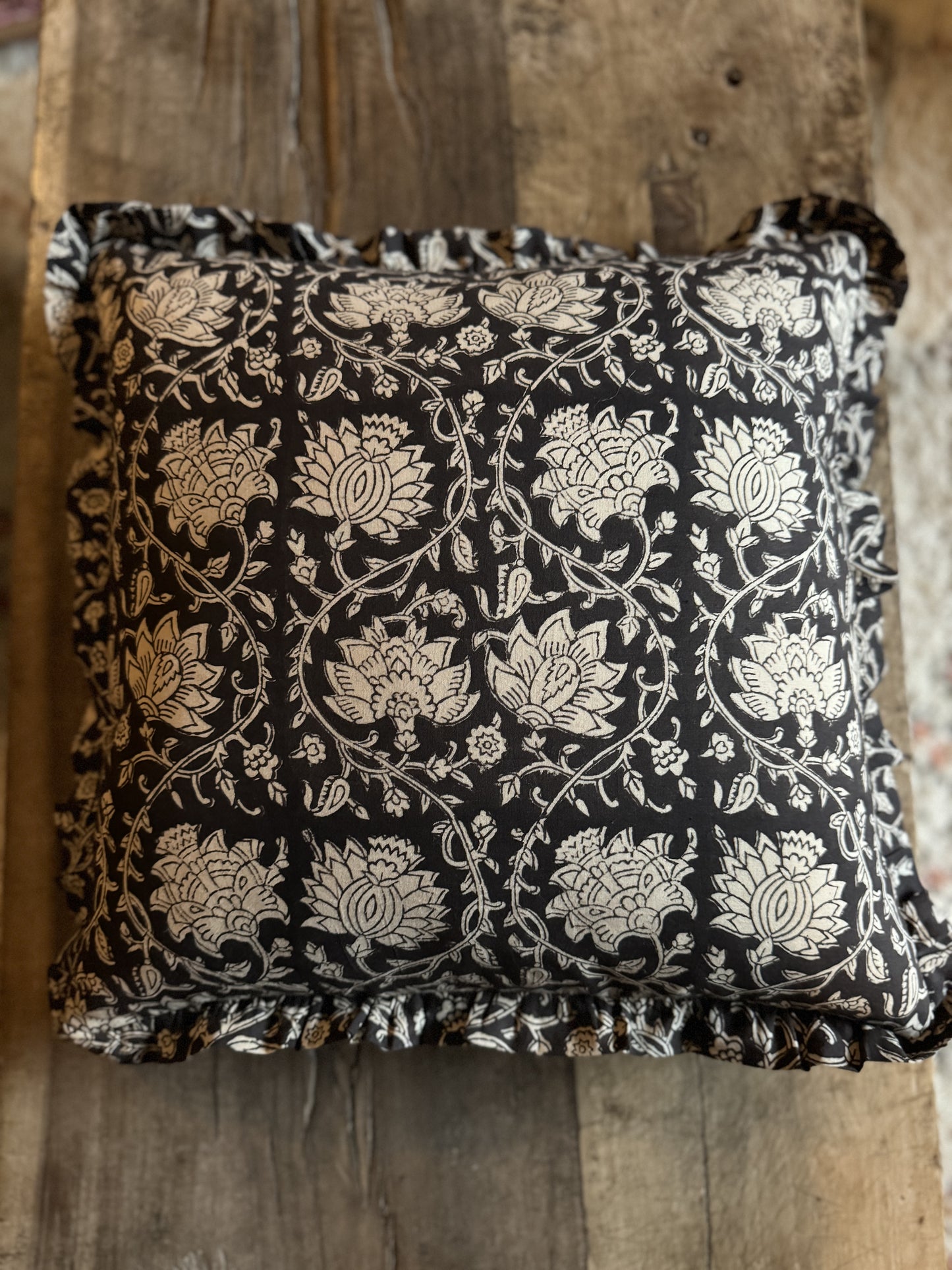 Block print frill cushion